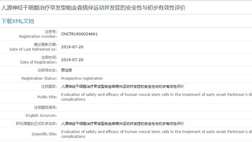 人源神经干细胞治疗早发型帕金森病伴运动并发症的临床研究